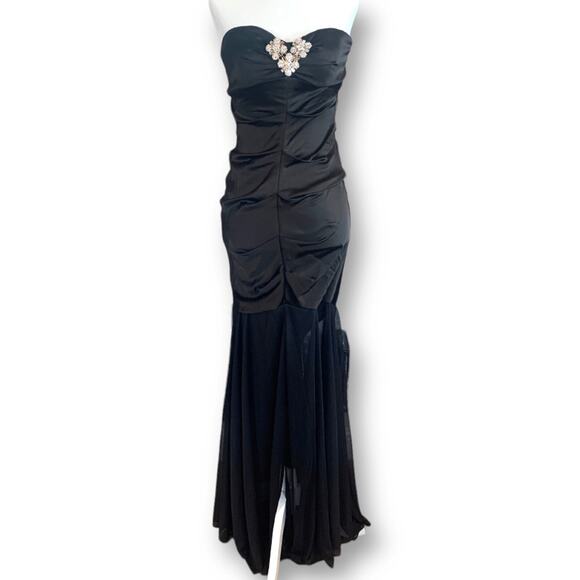 Vintage Cache Formal Black Formal Maxi Strapless Gown Rhinestone Brooch Sheer - Picture 11 of 11